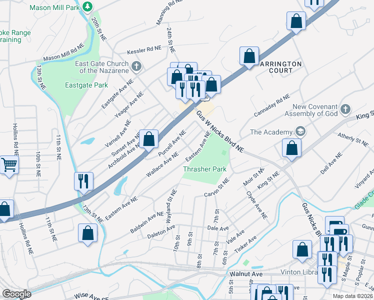 map of restaurants, bars, coffee shops, grocery stores, and more near 1819 Wallace Avenue Northeast in Roanoke