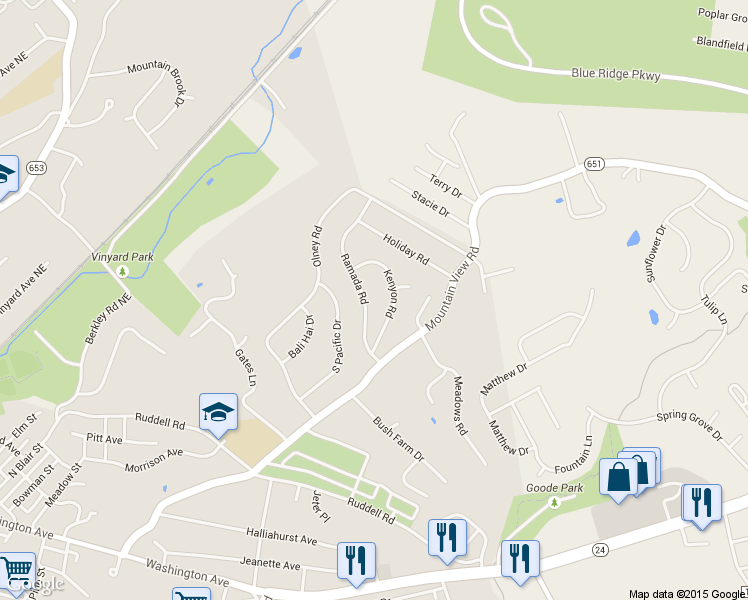 map of restaurants, bars, coffee shops, grocery stores, and more near 731 Ramada Road in Vinton