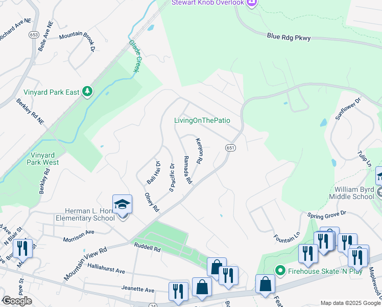 map of restaurants, bars, coffee shops, grocery stores, and more near 731 Ramada Road in Vinton