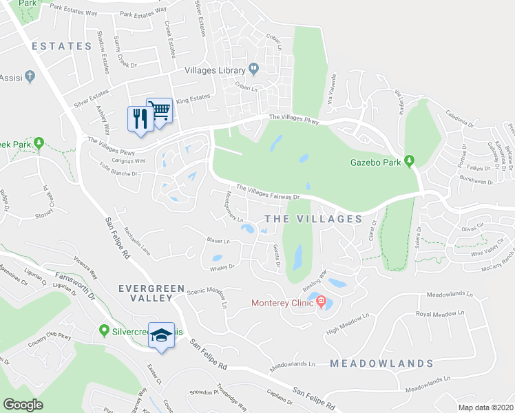 map of restaurants, bars, coffee shops, grocery stores, and more near 6094 Montgomery Court in San Jose