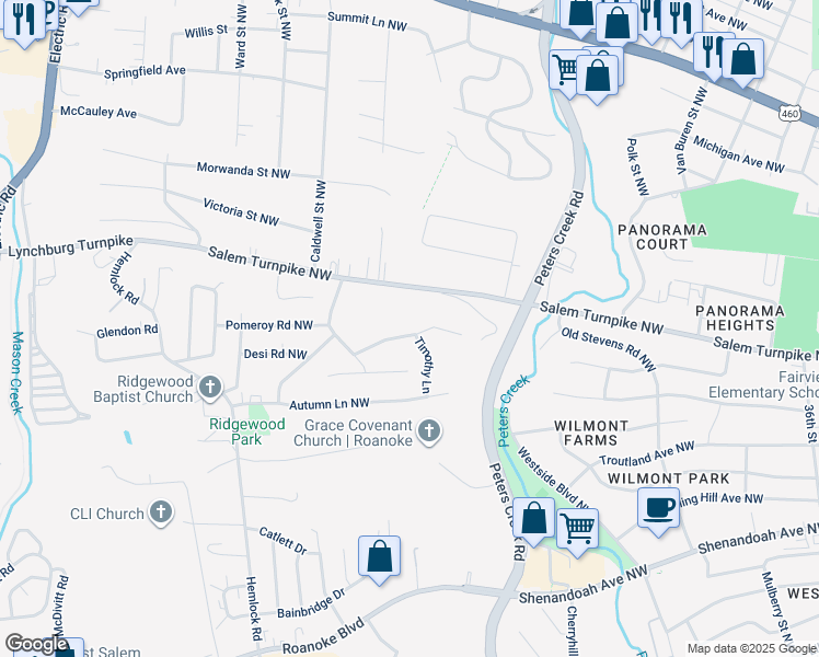 map of restaurants, bars, coffee shops, grocery stores, and more near 259 Eugene Drive Northwest in Roanoke