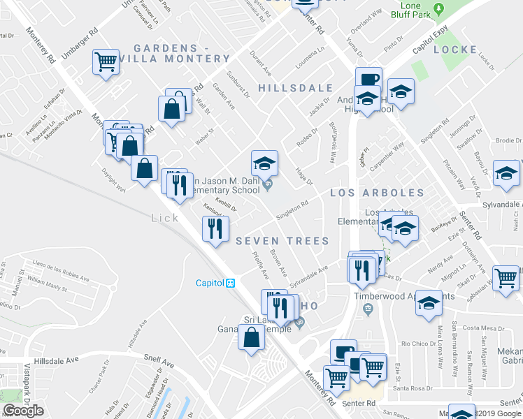 map of restaurants, bars, coffee shops, grocery stores, and more near 171 Kenbrook Circle in San Jose
