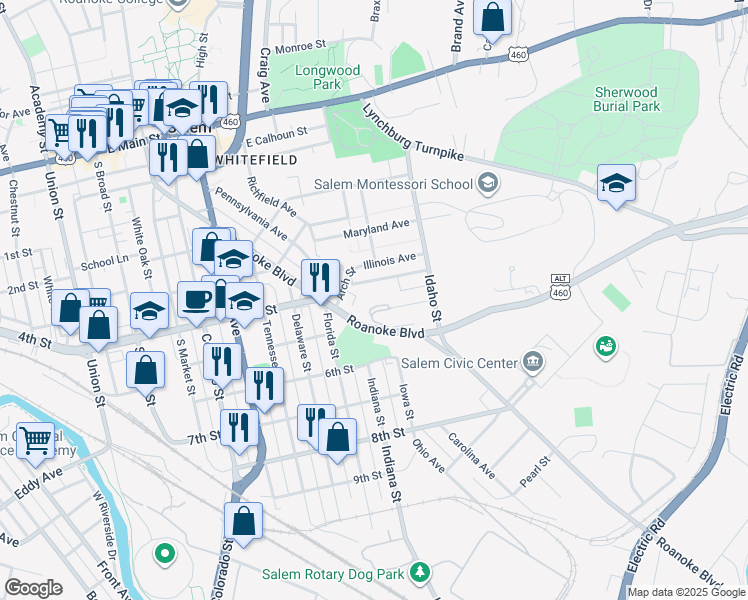 map of restaurants, bars, coffee shops, grocery stores, and more near 777 Roanoke Boulevard in Salem