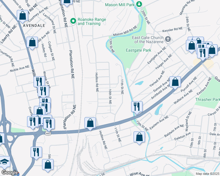 map of restaurants, bars, coffee shops, grocery stores, and more near 1750 10th Street Northeast in Roanoke