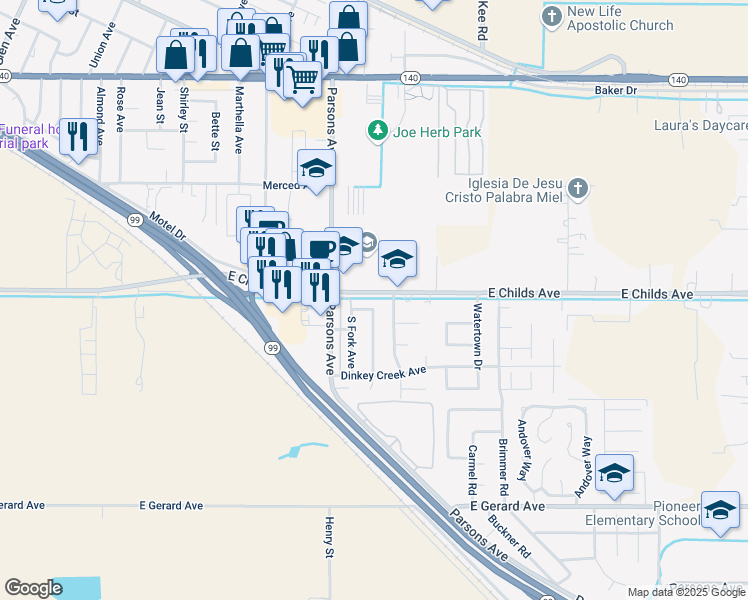 map of restaurants, bars, coffee shops, grocery stores, and more near 7 Sweetwater Avenue in Merced