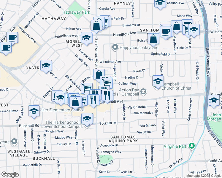 map of restaurants, bars, coffee shops, grocery stores, and more near 85 Superior Drive in Campbell