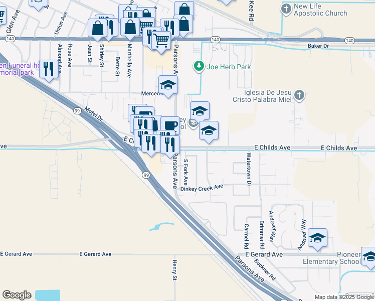 map of restaurants, bars, coffee shops, grocery stores, and more near 7 Sweetwater Avenue in Merced