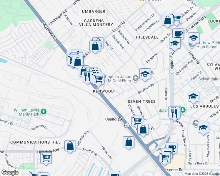 map of restaurants, bars, coffee shops, grocery stores, and more near in San Jose