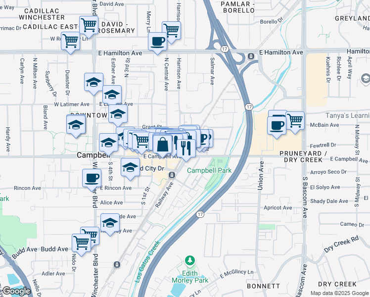 map of restaurants, bars, coffee shops, grocery stores, and more near 428 East Campbell Avenue in Campbell