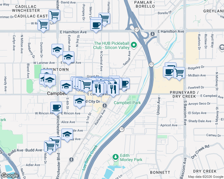 map of restaurants, bars, coffee shops, grocery stores, and more near 428 East Campbell Avenue in Campbell