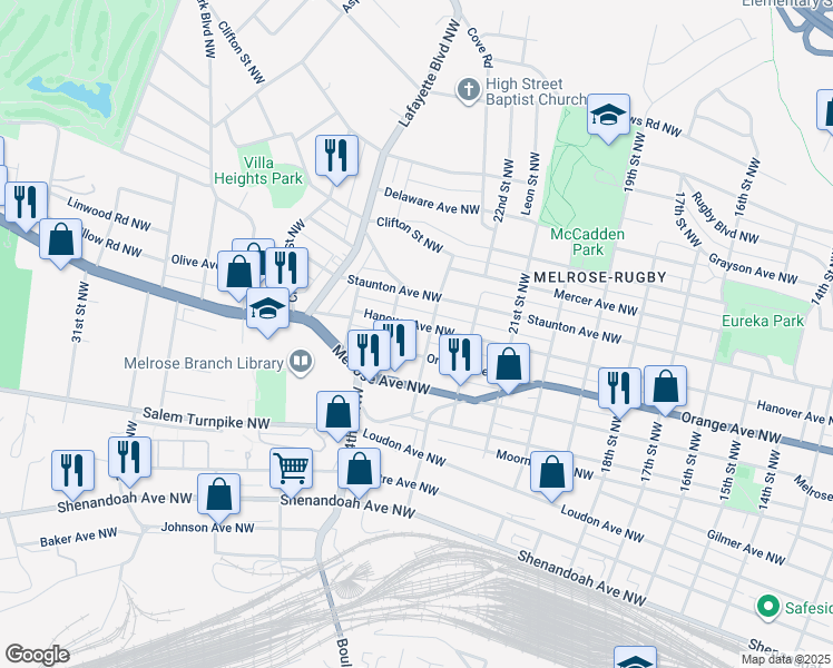 map of restaurants, bars, coffee shops, grocery stores, and more near 2311 Orange Avenue Northwest in Roanoke