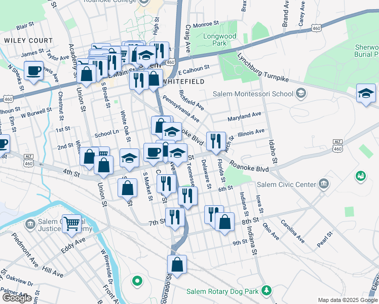 map of restaurants, bars, coffee shops, grocery stores, and more near 522 Tennessee Street in Salem