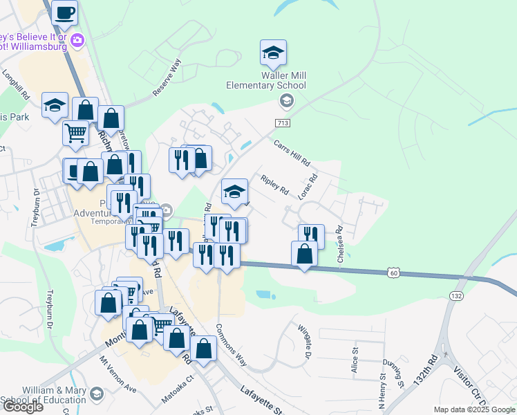 map of restaurants, bars, coffee shops, grocery stores, and more near 114 The Green Green in Williamsburg