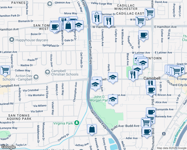 map of restaurants, bars, coffee shops, grocery stores, and more near in Campbell