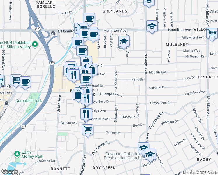 map of restaurants, bars, coffee shops, grocery stores, and more near 1237 East Campbell Avenue in Campbell