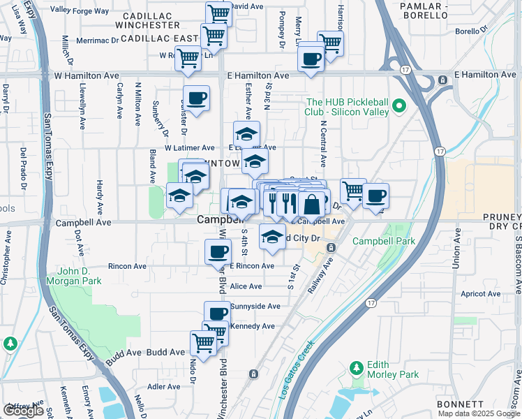 map of restaurants, bars, coffee shops, grocery stores, and more near 150 East Campbell Avenue in Campbell