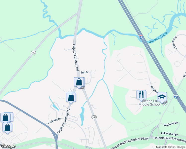map of restaurants, bars, coffee shops, grocery stores, and more near 404 Shaindel Drive in Williamsburg