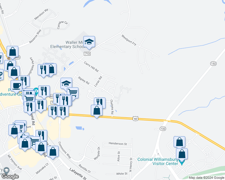 map of restaurants, bars, coffee shops, grocery stores, and more near 103 Bicameral Lane in Williamsburg
