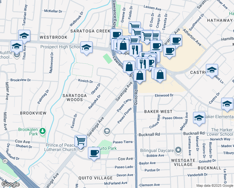 map of restaurants, bars, coffee shops, grocery stores, and more near 12420 Saratoga Avenue in Saratoga