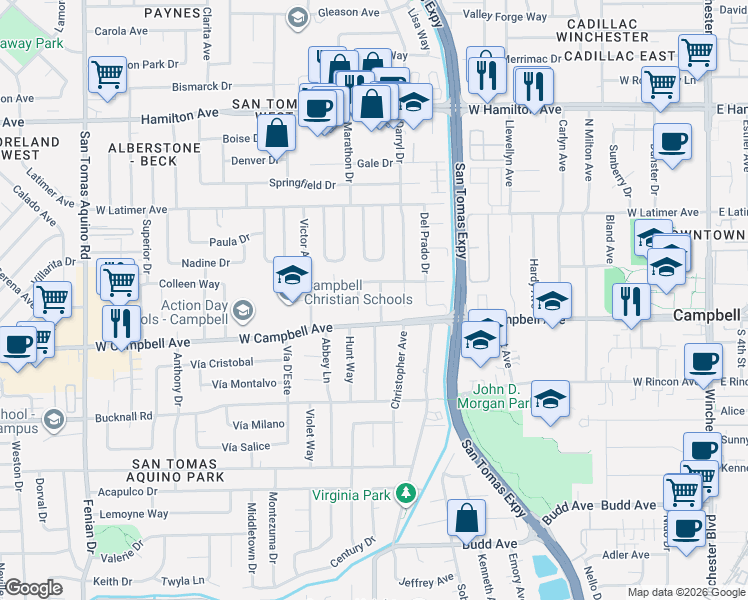 map of restaurants, bars, coffee shops, grocery stores, and more near 51 Jim Elder Drive in Campbell