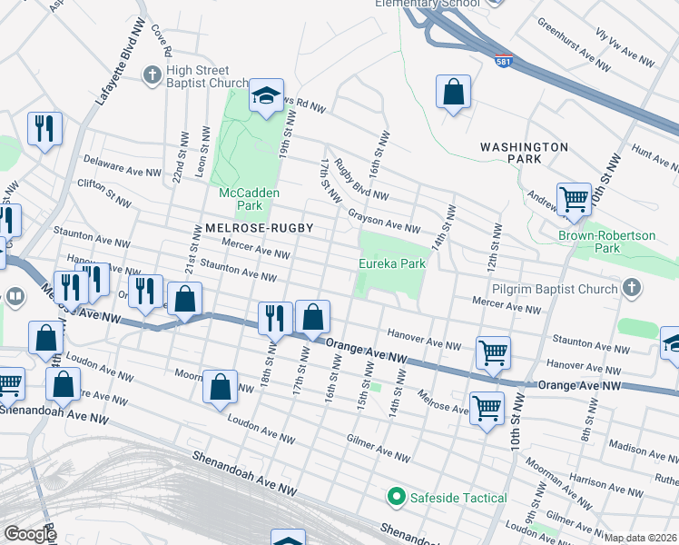 map of restaurants, bars, coffee shops, grocery stores, and more near 1620 Mercer Avenue Northwest in Roanoke