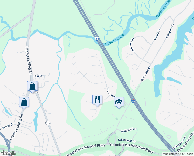 map of restaurants, bars, coffee shops, grocery stores, and more near 107 Ketch Court in Williamsburg