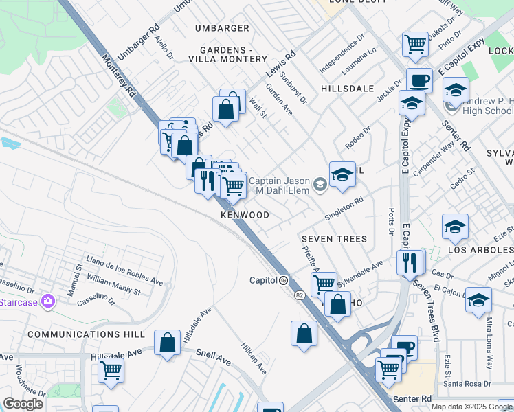 map of restaurants, bars, coffee shops, grocery stores, and more near 3105 Kenland Drive in San Jose