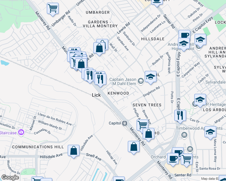map of restaurants, bars, coffee shops, grocery stores, and more near 3105 Kenland Drive in San Jose