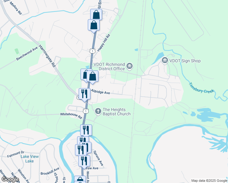 map of restaurants, bars, coffee shops, grocery stores, and more near 2500 Aldridge Avenue in Chesterfield County