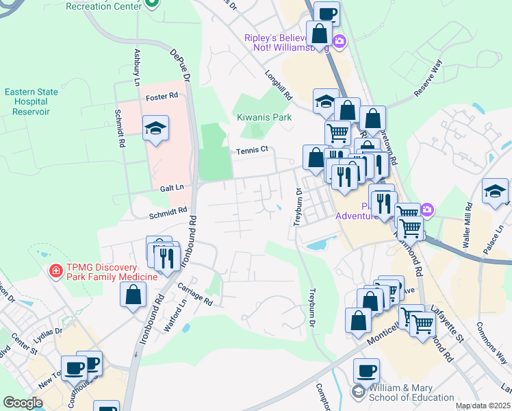 map of restaurants, bars, coffee shops, grocery stores, and more near 710 Settlement Drive in Williamsburg