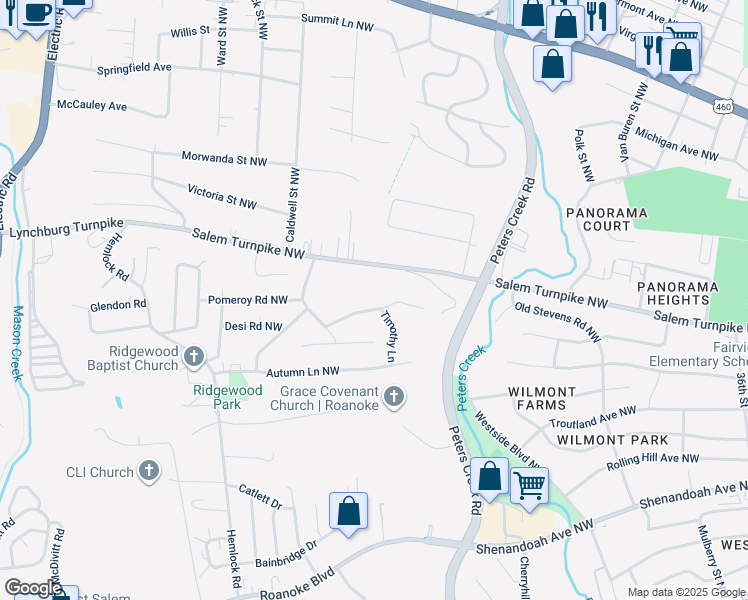 map of restaurants, bars, coffee shops, grocery stores, and more near 259 Eugene Drive Northwest in Roanoke