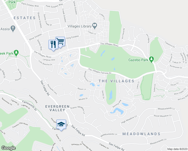 map of restaurants, bars, coffee shops, grocery stores, and more near 6136 Montgomery Court in San Jose