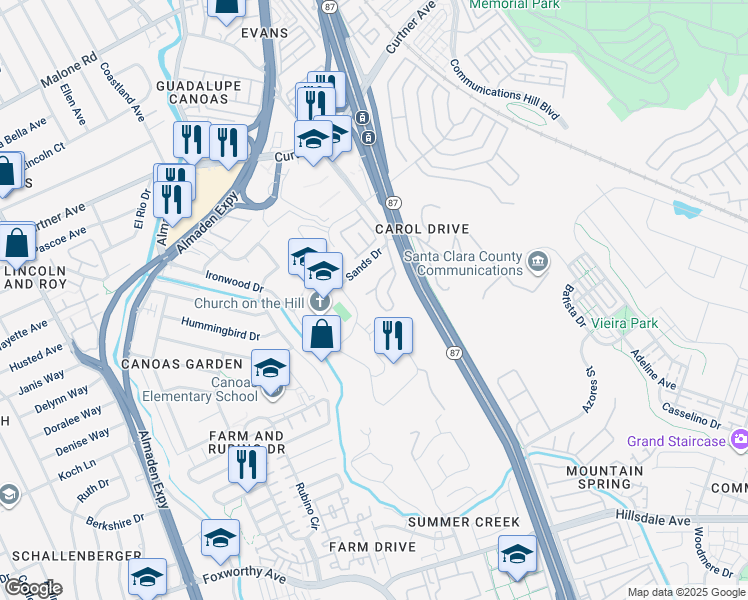 map of restaurants, bars, coffee shops, grocery stores, and more near 2657 Villa Cortona Way in San Jose