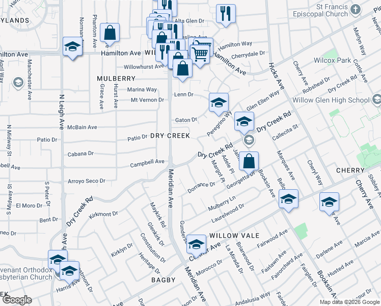 map of restaurants, bars, coffee shops, grocery stores, and more near 1734 Dry Creek Road in San Jose