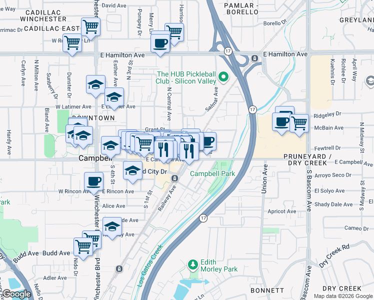 map of restaurants, bars, coffee shops, grocery stores, and more near 428 East Campbell Avenue in Campbell