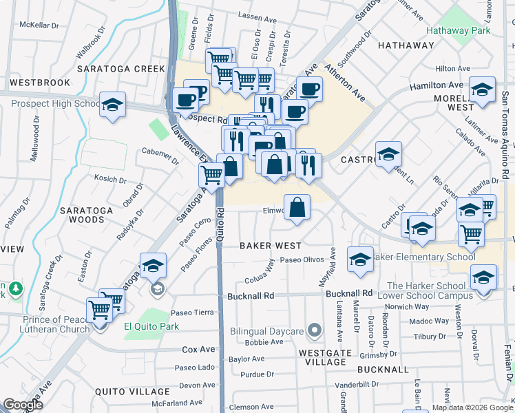 map of restaurants, bars, coffee shops, grocery stores, and more near 1924 Ashland Way in San Jose