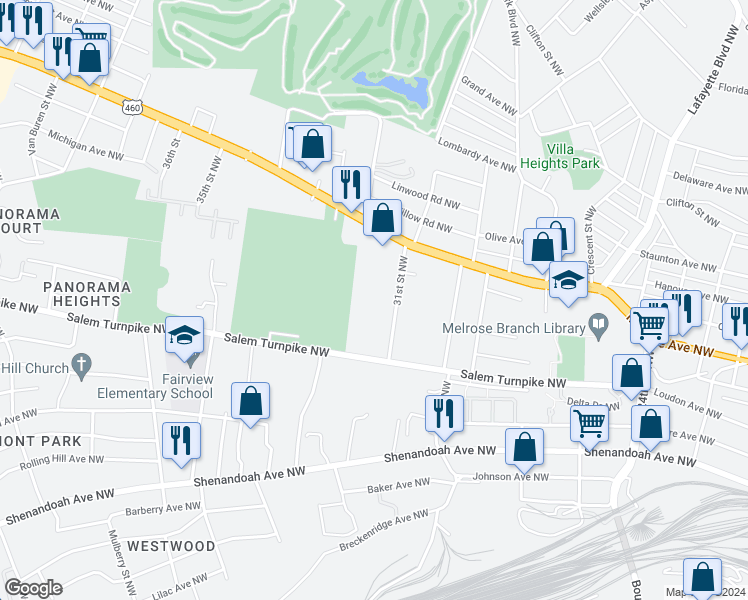 map of restaurants, bars, coffee shops, grocery stores, and more near 740 31st Street Northwest in Roanoke