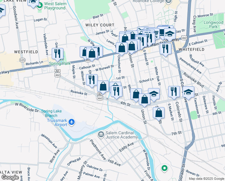 map of restaurants, bars, coffee shops, grocery stores, and more near 401 Cypress Street in Salem