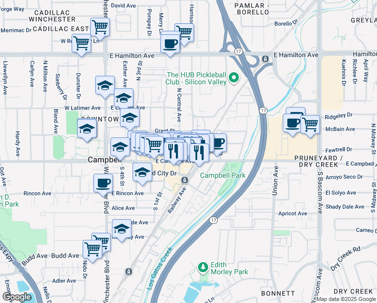 map of restaurants, bars, coffee shops, grocery stores, and more near 428 East Campbell Avenue in Campbell