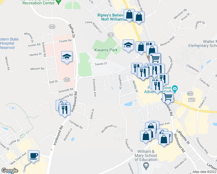 map of restaurants, bars, coffee shops, grocery stores, and more near 310 Settlement Drive in Williamsburg
