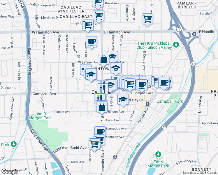 map of restaurants, bars, coffee shops, grocery stores, and more near 68 East Campbell Avenue in Campbell