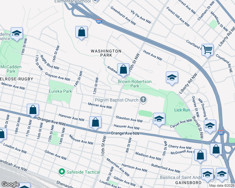 map of restaurants, bars, coffee shops, grocery stores, and more near 1006 Grayson Avenue Northwest in Roanoke