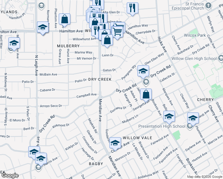 map of restaurants, bars, coffee shops, grocery stores, and more near 1734 Dry Creek Road in San Jose