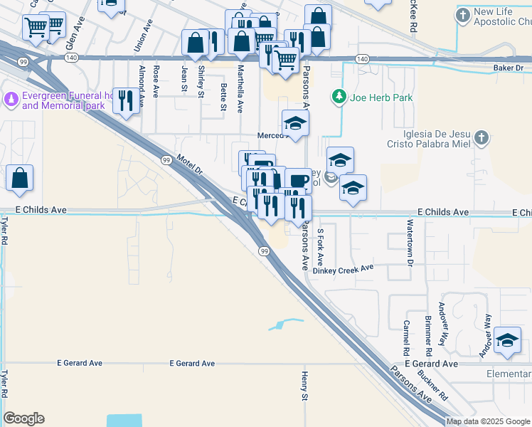 map of restaurants, bars, coffee shops, grocery stores, and more near 1800 East Childs Avenue in Merced