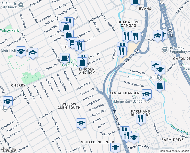 map of restaurants, bars, coffee shops, grocery stores, and more near 1077 Cumberland Place in San Jose