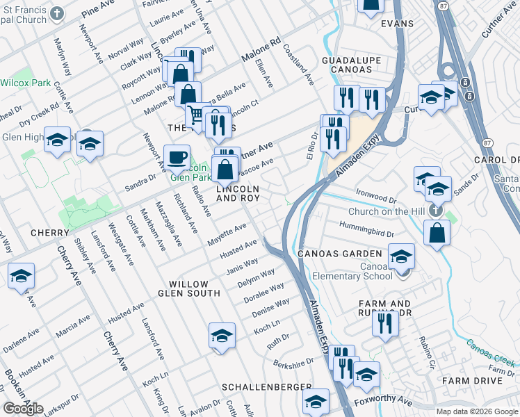 map of restaurants, bars, coffee shops, grocery stores, and more near 1077 Cumberland Place in San Jose