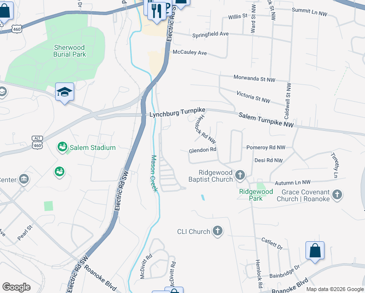 map of restaurants, bars, coffee shops, grocery stores, and more near 1706 Glendon Road in Salem