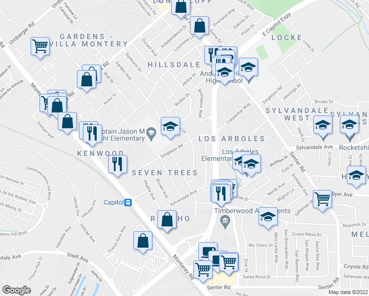 map of restaurants, bars, coffee shops, grocery stores, and more near 3233 Garden Avenue in San Jose