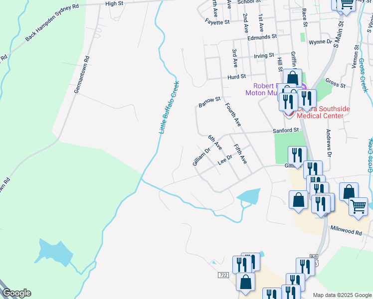 map of restaurants, bars, coffee shops, grocery stores, and more near 108 Russells Way in Farmville