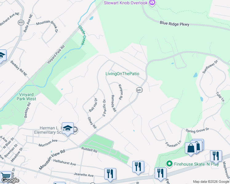 map of restaurants, bars, coffee shops, grocery stores, and more near 720 Kenyon Road in Vinton